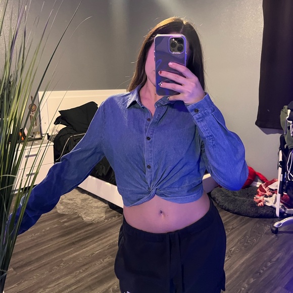Denim button up cropped long sleeve shirt - Picture 5 of 7